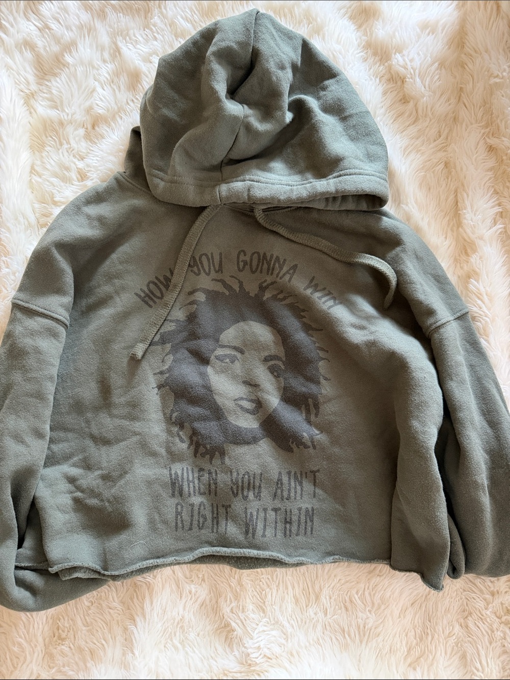 Cropped Olive Green Lauryn Hill Hoodie with Drawstring Hood